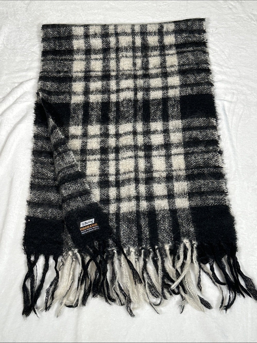 St. Michael Mohair & Wool Black & White Plaid Scarf